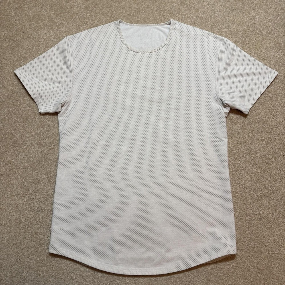 BYLT Shirt Mens Medium White Polka Dot Performance Athletic Tee Crew Neck